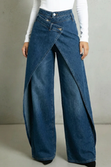 Vintage-inspirierte High-Waisted Denim-Jeans mit Rüschenbund und Bindegürtel – Marineblau