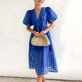 Midi-Kleid mit Karomuster – Luftiges Sommerkleid mit V-Ausschnitt & Puffärmeln – Blau