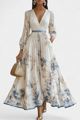 Phaedra Langes Plissiertes Chiffonkleid mit Puffärmeln – Weiß