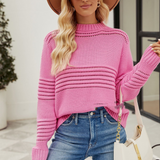 Damen Strickpullover – Leichter Pullover mit Lochmuster und Rundhalsausschnitt – Rosa
