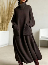 Glenda™ - Damen Oversize Strickkleid Rollkragen – Dunkelgrau
