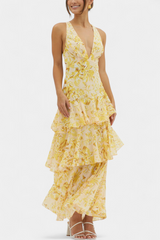 Kensie – Chiffonkleid Mit V-Ausschnitt Und Fließenden Lagen – Gelb