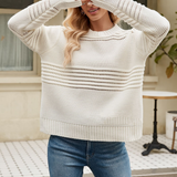 Damen Strickpullover – Leichter Pullover mit Lochmuster und Rundhalsausschnitt – Weiß
