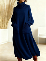 Glenda™ - Damen Oversize Strickkleid Rollkragen – Blau