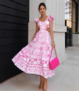 Sommerliches Maxikleid mit Blumenmuster – Tiefer V-Ausschnitt & Rüschenärmel – Rosa