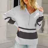 Damen Strickpullover mit Zipper – Sportlich-eleganter Pullover mit Streifen – Silber-Grau