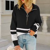 Damen Strickpullover mit Zipper – Sportlich-eleganter Pullover mit Streifen – Schwarz
