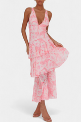 Domenica V-Ausschnitt Chiffonkleid mit eleganten, fließenden Lagen – Rosa