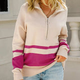 Damen Strickpullover mit Zipper – Sportlich-eleganter Pullover mit Streifen – Rosa