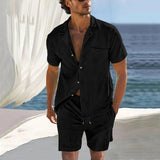 Herren-Shorts-Set mit Kurzarmhemd im Sommerstil – Schwarz