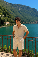 Elegantes Herren Strick-Set in Feinripp-Optik | Hemd & Shorts – Beige