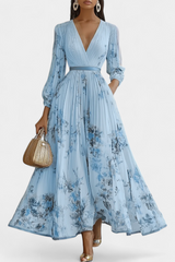 Phaedra Langes Plissiertes Chiffonkleid mit Puffärmeln – Blau