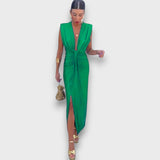 Oriane – Drapiertes Abendkleid mit tiefem Ausschnitt – Grün
