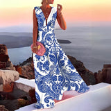 Rashida – Ärmelloses Maxikleid in A-Linie mit V-Ausschnitt – Blau