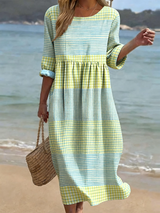 Damen Freizeitkleid mit Rundhalsausschnitt und halben Ärmeln – Kariert