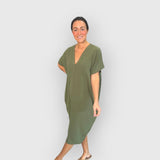Aveline -  Kurzen Ärmeln Midikleid – Armeegrün