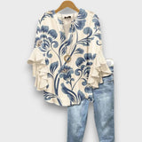 Lunelle – Tagesbluse mit Blumenprint – Weiß Blau