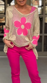V-Ausschnitt-Strickbluse mit Blumenmuster – Rosa