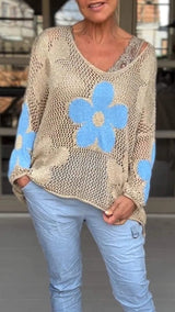 V-Ausschnitt-Strickbluse mit Blumenmuster – Blau