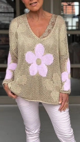 V-Ausschnitt-Strickbluse mit Blumenmuster – Hellrosa