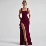 Camille - Elegantes Maxikleid mit Schlitz – Weinrot