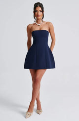 Sandra - Strapless Strukturiertes Korsett-Minikleid mit Taschen – Marineblau