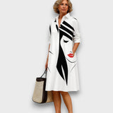Elvire – Hemdblusenkleid mit grafischem Gesichtsmotiv – Weiß