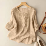 Gretchen - Stilvolle bestickte Bluse mit 3/4-Ärmeln für Damen – Khaki