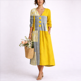 Ingeborg | Damen V-Ausschnitt Patchwork Midi Kleid – Gelb