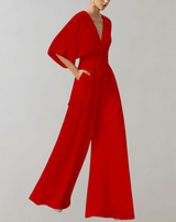Iolanthe | Damen Wide Leg V-Ausschnitt Jumpsuit – Hellrot