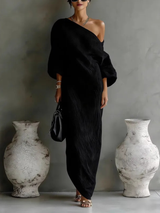 Isadora | Damen Ein-Schulter Langarm Maxikleid – Schwarz