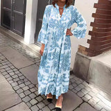 Isolde | Damen Blumenmuster Langarm Midi Kleid – Blau