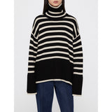 Oversize-Pullover für Damen, gestreift, mit Rollkragen und weiten Ärmeln – Leonie – Schwarz