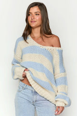Oversize-Pullover für Damen mit Streifen und freien Schultern – Frida – Blau