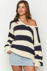 Oversize-Pullover für Damen mit Streifen und freien Schultern – Frida – Schwarz