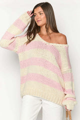 Oversize-Pullover für Damen mit Streifen und freien Schultern – Frida – Rosa