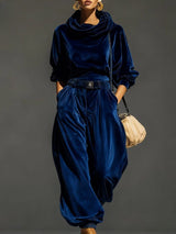 Sophia™ - Vintage brauner Samt-Hoodie und lockere Hose Set (Inklusive Gürtel) – Blau