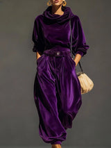 Sophia™ - Vintage brauner Samt-Hoodie und lockere Hose Set (Inklusive Gürtel) – Violett