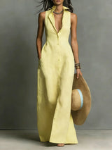 Johanna | Damen Ärmelloses Hemdblusenkleid Maxikleid – Gelb