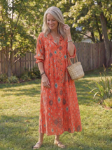 Josefine | Damen Blumen Maxikleid mit 3/4 Ärmeln – Orange