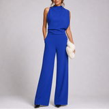 Josefine | Damen Ärmellos Mock Neck Weites Bein Jumpsuit – Blau