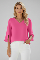 Josefine | Damen V-Ausschnitt 3/4 Arm Bluse – Rosa