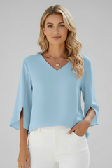 Josefine | Damen V-Ausschnitt 3/4 Arm Bluse – Blau