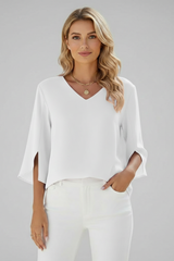 Josefine | Damen V-Ausschnitt 3/4 Arm Bluse – Weiß