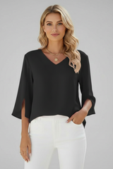 Josefine | Damen V-Ausschnitt 3/4 Arm Bluse – Schwarz
