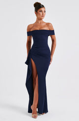 Alice | Langes Kleid mit Schlitz Schultern Frei – Marineblau
