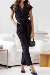 Amelia | Tiefer V-Ausschnitt Gürtel Jumpsuit – Schwarz
