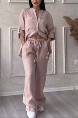 Leinen-Set für Frauen - luftige Bluse & weite Hose – Aprikose