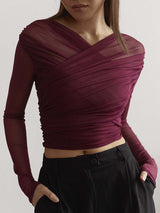 Damen Überkreuzte Front Lang Shirt – Bordeaux