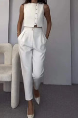 Damen Co-ord Set | zweiteilig mit klassischem Top und High-Waist Hose – Weiß